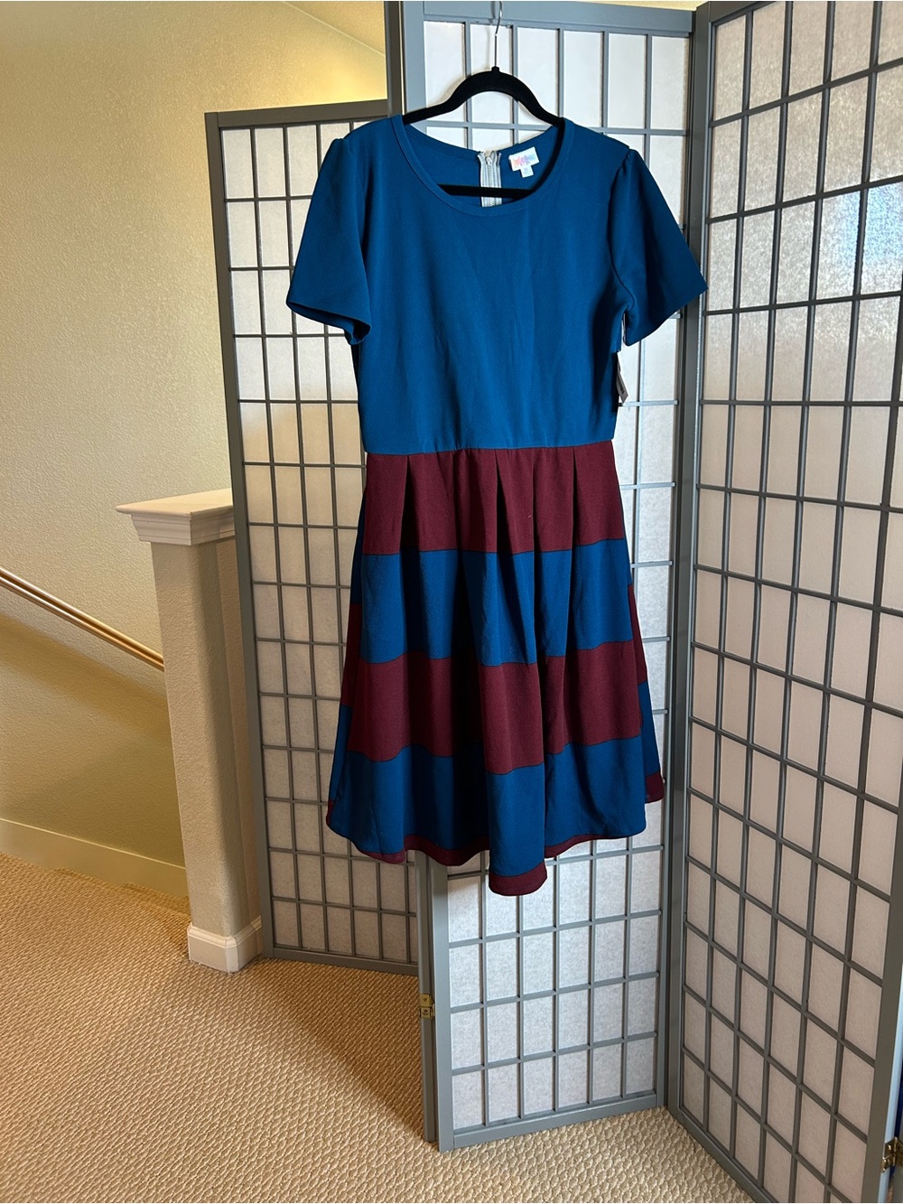 NWT LuLaRoe Amelia Blue and Burgundy Striped Fit & Flare Dress